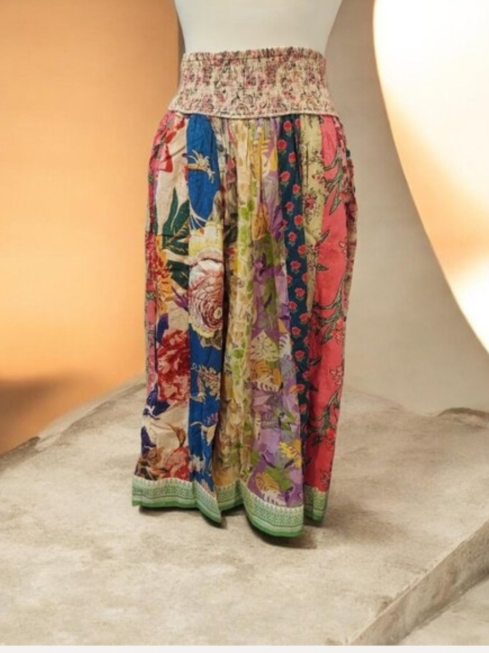 Boho Multicolor Floral Patchwork Maxi Skirt with Smocked Waist